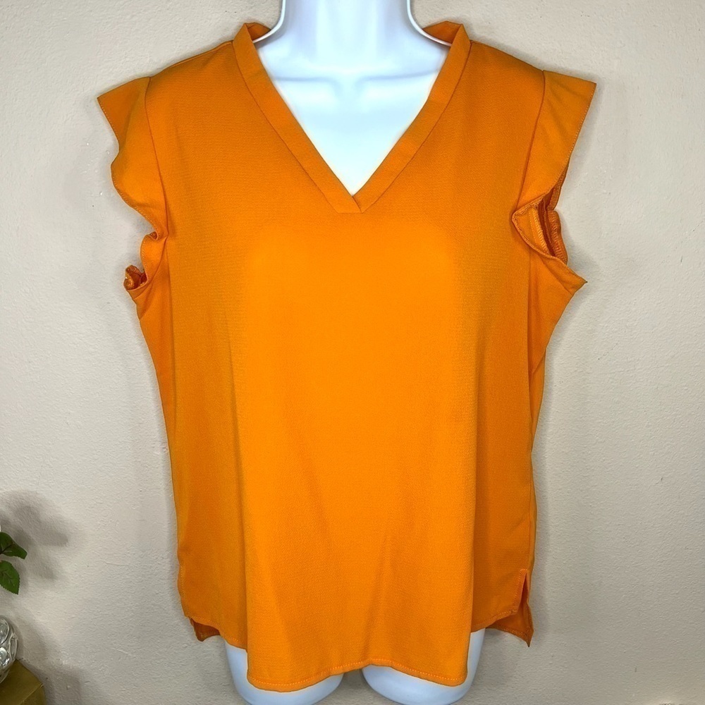 8/10 Shein Orange Pumpkin Short Sleeve Blouse V Neck Top